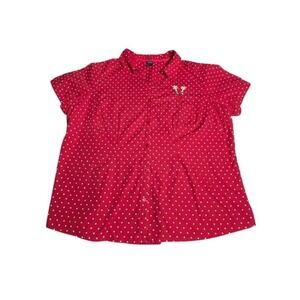 Basic Editions Women Red White Polka Dot Short Sleeve Button Up Shirt Reindeer